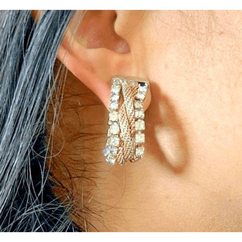 vtg 60s statement clip on earrings goldtone rope square rhinestone glam party‎